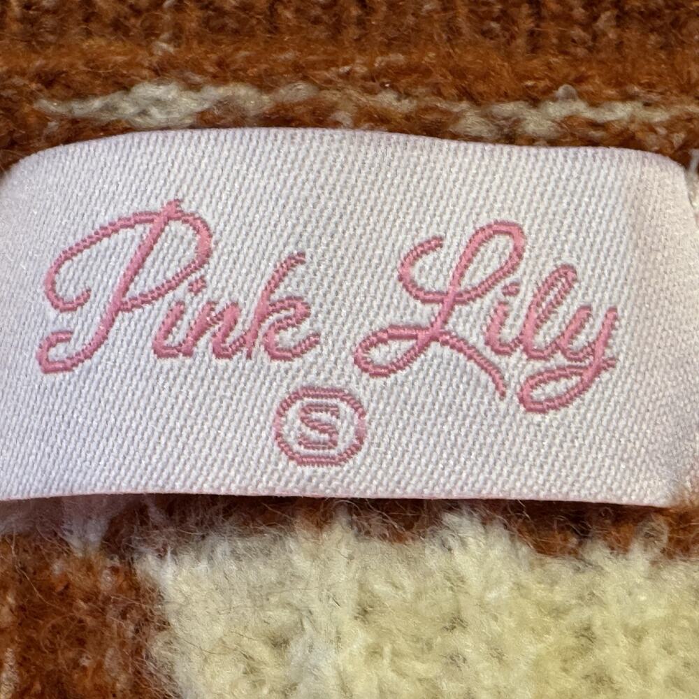 Pink Lily Crewneck Oversized Sweater Sz Small Cream Rust Check Long Bell Sleeve - Picture 6 of 8